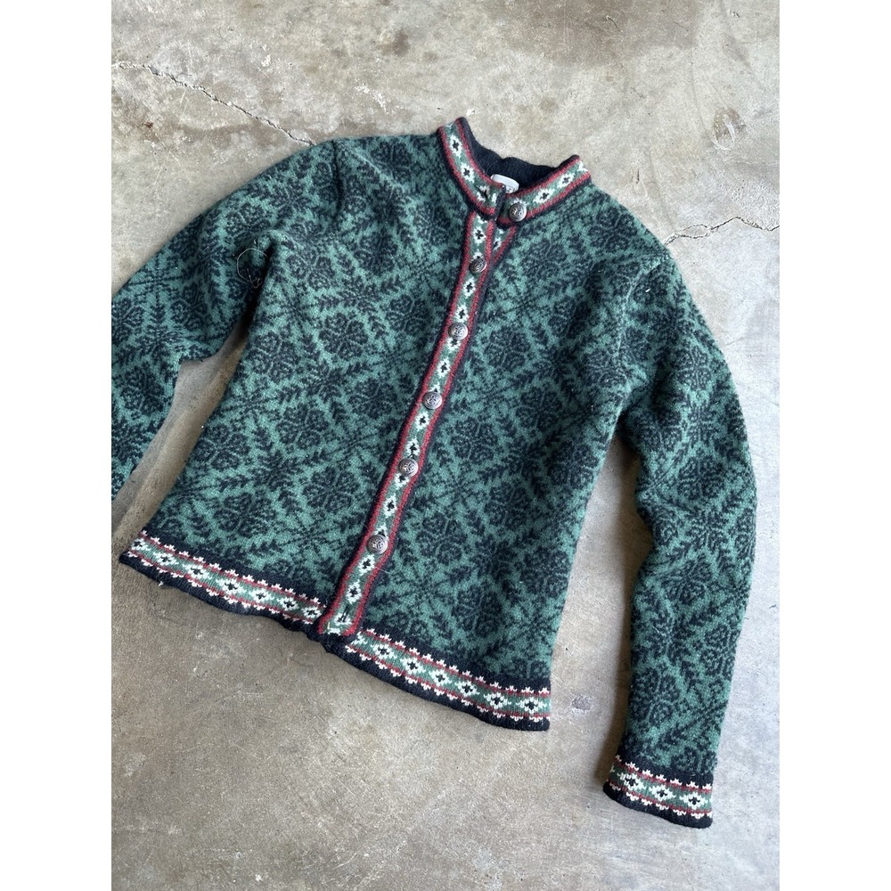 L.L. Bean Women's Green Geometric Cottage Preppy Merino Wool Cardigan Sweater S - Picture 2 of 8